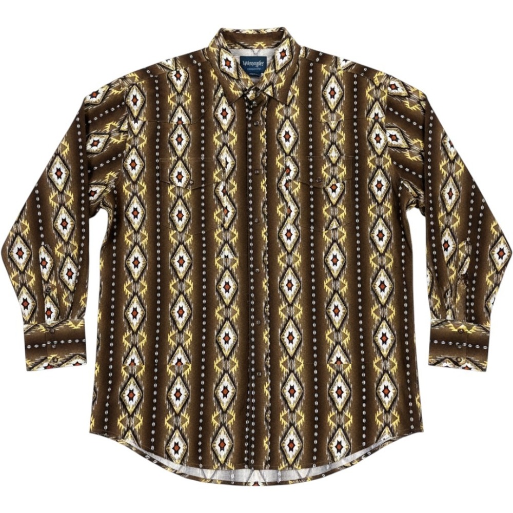Wrangler Mens Western Shirt XL Brown Aztec Geometric Snap‎ Pocket Cotton